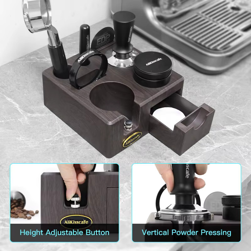 AliKisscafe Kaffee Tamping Station mit Siebträger Halter Schublade in Schwarz und Holzoptik für 51mm 54mm 57mm 58mm Espresso Zubehör - Bild 4