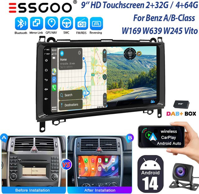 ESSGOO Autoradio mit 9 Zoll Display, 4+64 GB, für Mercedes-Benz B200, Vito W639, Sprinter und Viano W169, Schwarz, mit Wireless CarPlay, Android Auto, GPS, Bluetooth und WiFi - Bild 1