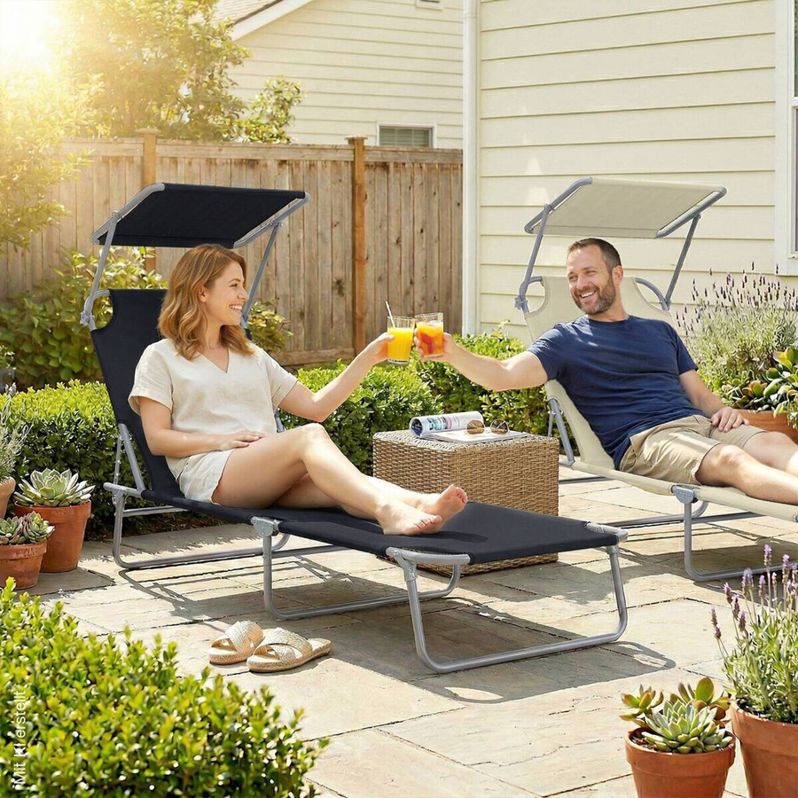 Outsunny Gartenliege aus Metall und Textilene in Schwarz mit Sonnenverdeck und verstellbarer Kopfstütze, B/T/H: 187 x 58 x 36 cm - Bild 4