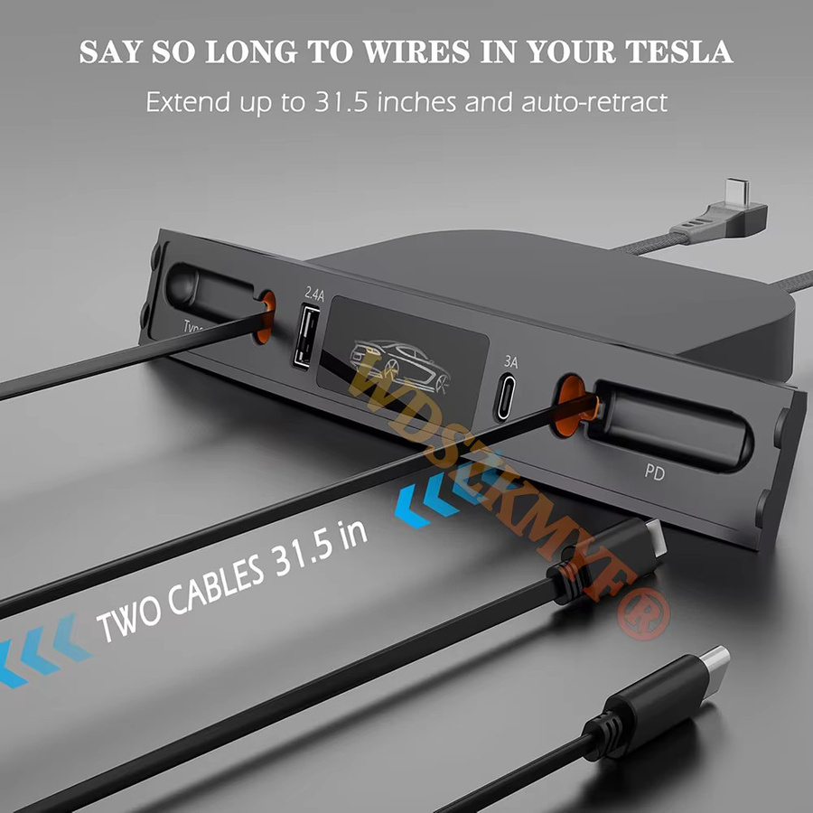 WDSZKMYF 4 in 1 USB-Ladegerät für Tesla Model 3 und Model Y mit einziehbarem Typ C Kabel, 27 W PD und QC 3.0, Schwarz - Bild 5