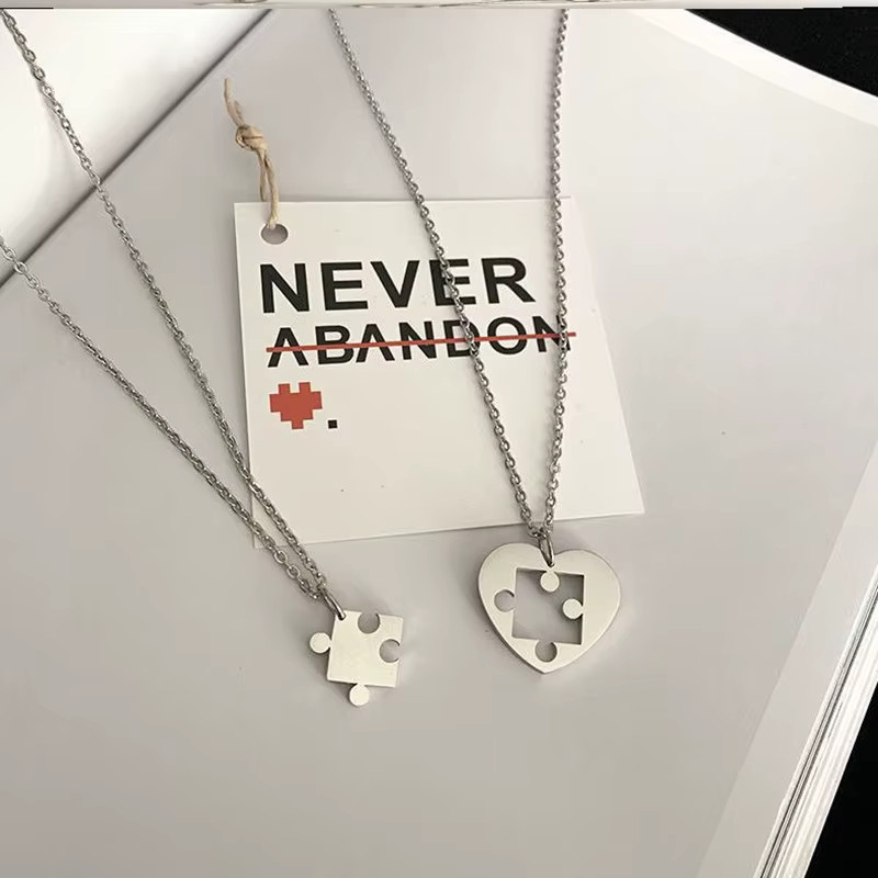 ANENJERY Halskette Herz Puzzle Anhänger, Edelstahl, Silber, Unisex - Bild 2