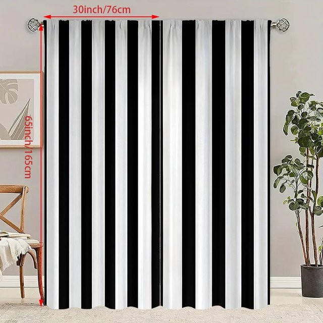 2er-Set YTO Home Vorhänge mit schwarz-weißen Streifen aus Polyester, halbtransparent, Stangentaschen, Breite: 76 cm, Höhe: 165 cm - Bild 1