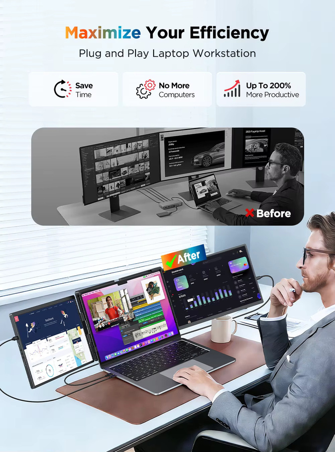 UPERFECT 14 Zoll 2K QHD Dreifach-Tragmonitor mit IPS-Display und drehbarem Ständer, Doppeldisplay-Bildschirmerweiterung für MacOS, Windows und Chrome OS, Farbe: Schwarz - Bild 3