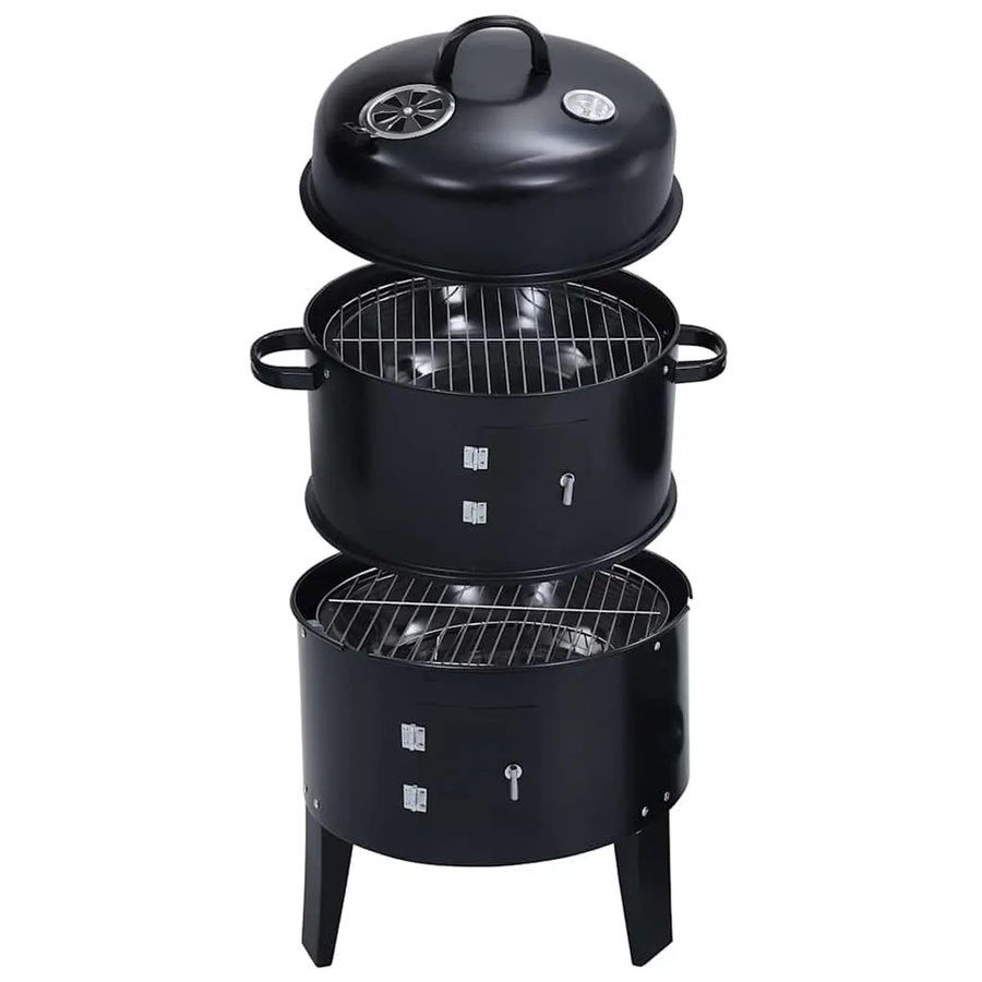vidaXL 3-in-1 Holzkohlegrill und Räucherofen in Schwarz mit Thermometer, Lüftungsschieber und Aschekasten, B/T/H: 80 x 40 x 58 cm - Bild 2