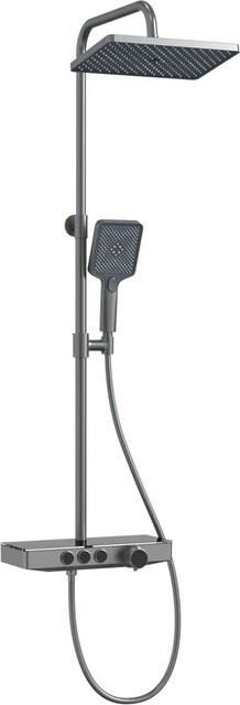 Emke Duschsystem mit Thermostat, Regendusche, Handbrause mit 3 Strahlarten und Glasablage in Anthrazit Matt - Bild 1
