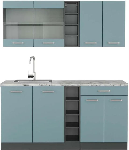 Vicco R-Line Singleküche Blau-Grau/Anthrazit mit Marmor-Arbeitsplatte, Breite: 160 cm - Bild 1