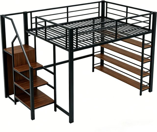Merax Hochbett mit Treppe und Stauraum Schrank in Schwarz und Weiß, B/T/H: 200 x 140 x 170,5 cm - Bild 1