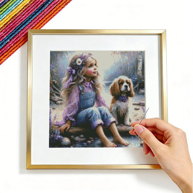 DMC Kreuzstich-Set mit Mädchenporträt und Hund auf Leinwand, 11CT Stickerei in Multicolour - Bild 1