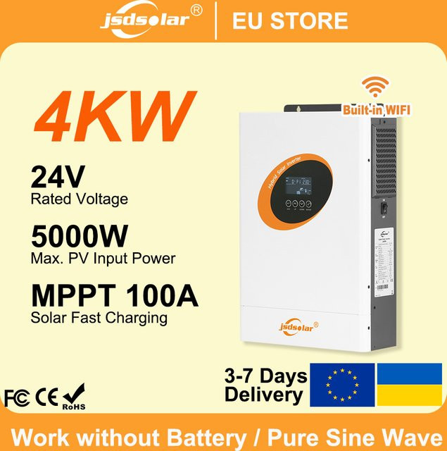 jsdsolar Hybrid-Solarwechselrichter 4kW 24V mit MPPT 100A Solarladegerät, Reine Sinuswelle, PV 500VDC, Eingebautes WLAN, Unterstützt LiFePo4, Weiß - Bild 1