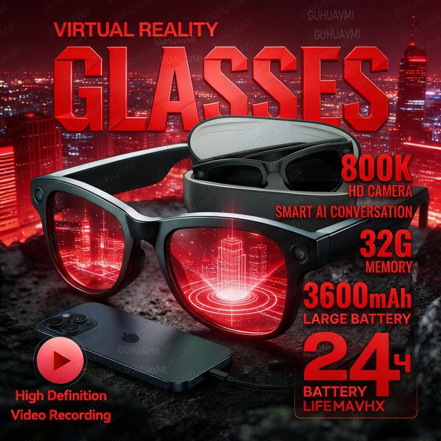 GUHUAVMI Smart AI Brille M02 Ultra mit 1080P HD Kamera, ChatGPT Unterstützung, 32 GB Speicher und 3600 mAh Ladehülle als Power Bank, Farben: Schwarz, Blau - Bild 1