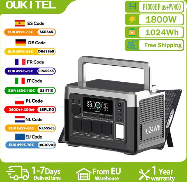 OUKITEL P1000E Plus Tragbare Powerstation 1800W 1024Wh LiFePO4 mit PV400 Solarpanel für Notstromversorgung, Camping und mobile Stromversorgung - Bild 1