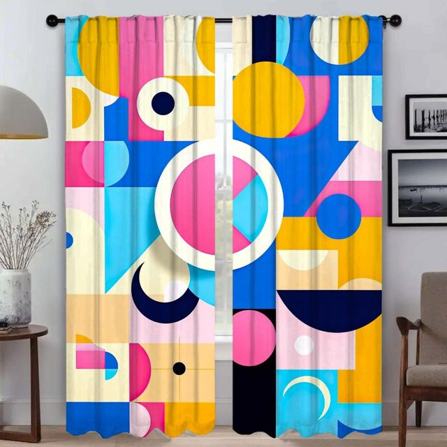 Memphis Geometrie Moderne Vorhänge für das Wohnzimmer, 2er-Set, halbtransparent, Mehrfarbig, B: 50 cm, H: 70 cm - Bild 1
