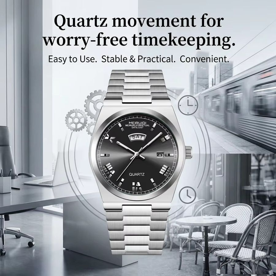MEIRUIQI Armbanduhr, Quarz, schwarzes Zifferblatt, Messing, Herren - Bild 3