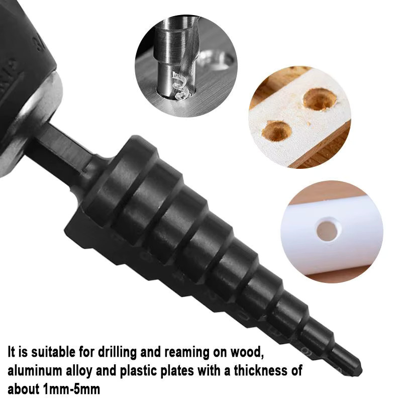 QSTEXPRESS Pagodenbohrer-Loch-Set aus Schnellarbeitsstahl mit Sechskantgriff und gerader Nut, schwarz, Durchmesser 3–12 mm, 4–12 mm und 4–20 mm - Bild 2