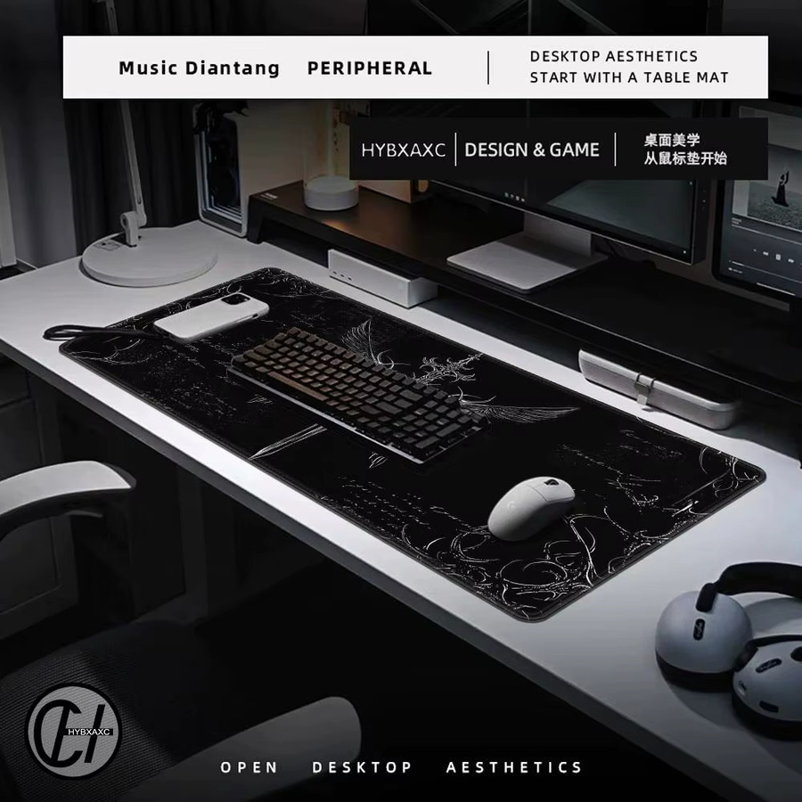 HYBXAXC Gaming-Mauspad XXL mit Schwertkunst-Design und gotischen Symbolen in Schwarz und Weiß - Bild 2