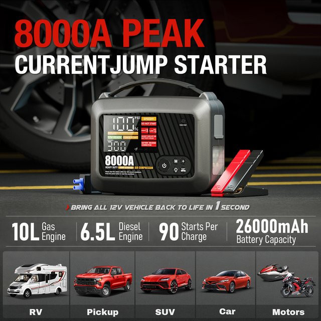 AdoreTrip 8000A Professionelle Heavy Duty Auto Starthilfe mit Luftpumpe, 12V Batterie Starter Booster in Schwarz - Bild 1