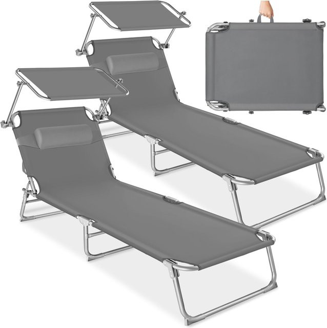 tectake 2er Set Sonnenliege Chloé Grau, klappbar mit Sonnendach und verstellbarem Kopfpolster, B/T/H: 190 x 68 x 111 cm - Bild 1