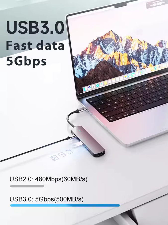 SZEGYCHX USB-C-Hub mit 4K HDMI, RJ45 Ethernet, VGA und SD/TF-Kartenslot in Silber für MacBook Pro und Air - Bild 3