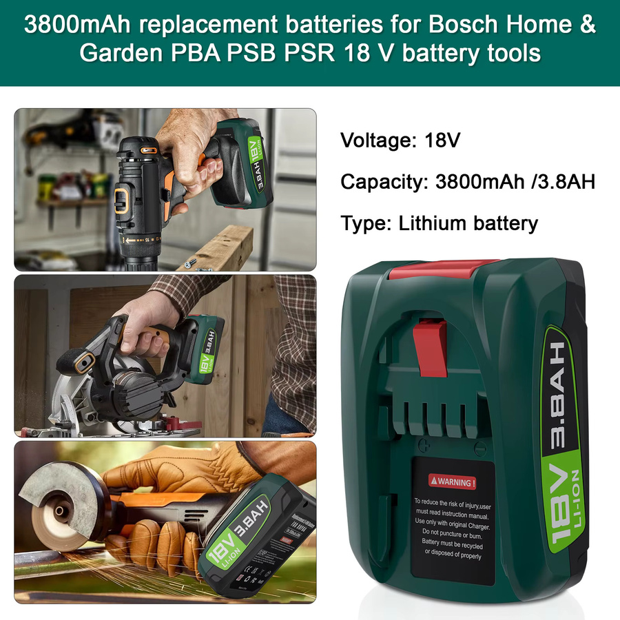 Bonacell 18V Li-Ionen-Ersatzakku mit 3800mAh für Bosch PBA 18V Elektrowerkzeuge in Grün - Bild 2