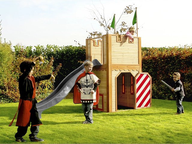 AXI Spielturm Arthur aus Holz in Braun-Rot mit grauer Rutsche, B/H/T: 319 x 195 x 110 cm - Bild 1