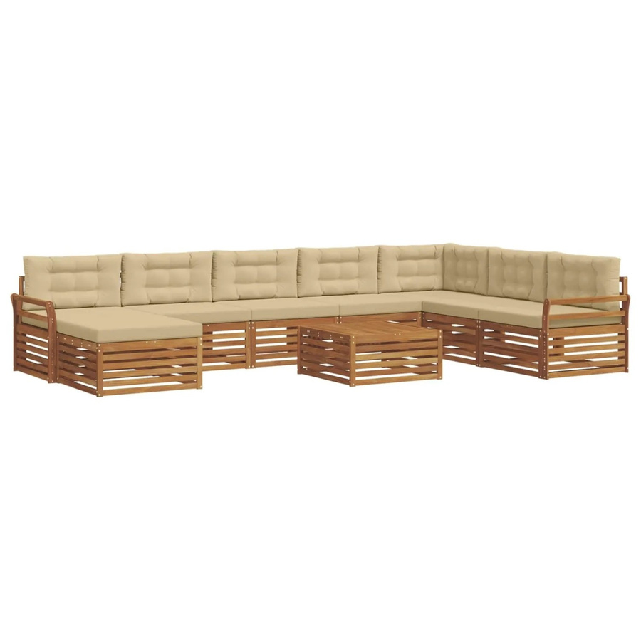 vidaXL Sofagarnitur aus Akazie Massivholz in Natur und Beige, 9-teiliges U-Shape Set mit Polsterkissen und Armlehnen - Bild 2