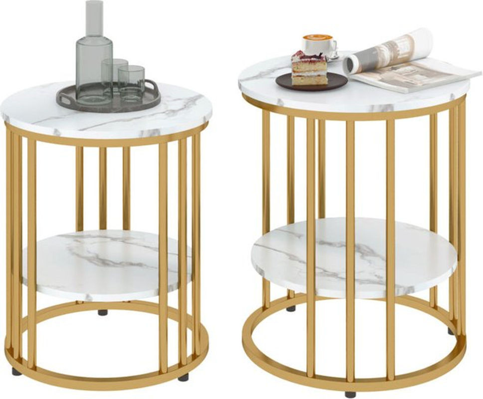 HOMCOM Satztisch 2er Set als Couchtisch und Beistelltisch in Weiß mit Marmoroptik und Stahlrahmen, rund und modern - Bild 1