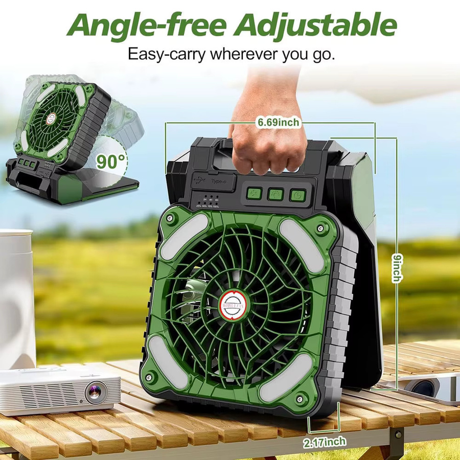 WAAJEA Solar Camping-LED-Laterne mit integriertem Ventilator, 10000mAh Akku, 4 Geschwindigkeiten und 90 Grad Faltung, Schwarz - Bild 3