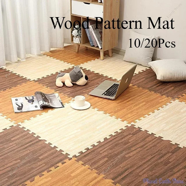DHDH Puzzle Spielmatte aus Schaumstoff in Holzmaserung für Baby und Sport, B/B/H: 30 x 30 cm, Farben: Weiß, Gelb, Braun - Bild 1