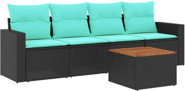 vidaXL 5-teilige Garten-Sofagarnitur aus Polyrattan mit Kissen in Schwarz und Blau/Türkis - Bild 1