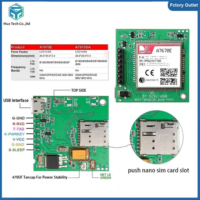 SIMCOM A7670E Push Nano Side Way SIM-Steckplatz Core Board 4G LTE Cat 1 Modul mit GPS Unterstützung in Grün - Bild 1