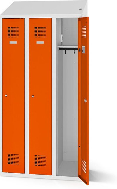 rotstahl Kleiderspind mit 3 Türen und Ladefunktion, Farbe Orange, Korpus Lichtgrau, B: 120 cm, H: 200 cm - Bild 1