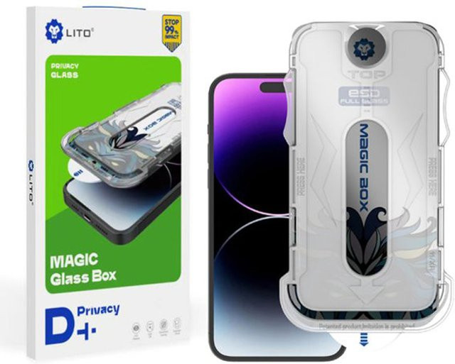 Lito Magic Glass Box Privacy-Schutzfolie mit Tools für Apple iPhone 14 Plus und iPhone 13 Pro Max, gehärtetes Glas, transparent, Full Glue - Bild 1