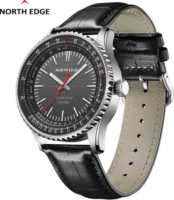 NORTH EDGE Armbanduhr, Solar, Edelstahl, Leder, Herren, Schwarz - Bild 1