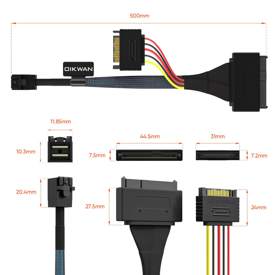 10Gtek Mini SAS SFF-8643 zu U.2 SFF-8639 Kabel PCIe 4.0 x4 mit 15-Pin SATA-Stromversorgung für NVMe SSD Hot-Swap, Schwarz - Bild 3