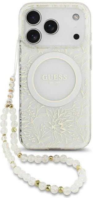 Guess MagSafe-Hülle für Apple iPhone 18 Pro Max und iPhone 17 Pro Max, IML Flowers elektroplattiert mit Perlenriemen, Weiß - Bild 1
