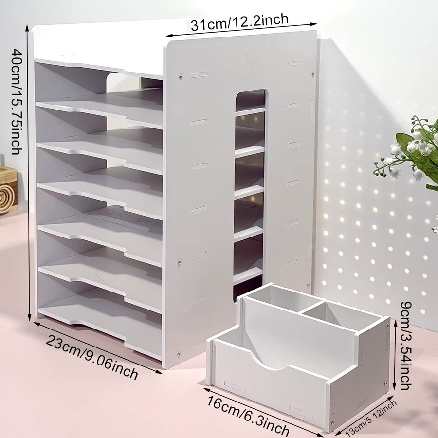 Mehrstöckiger Schreibtisch-Dateiorganizer aus Kunststoff in Weiß und Beige mit Zusatzfächern für deine Dokumentenaufbewahrung - Bild 2