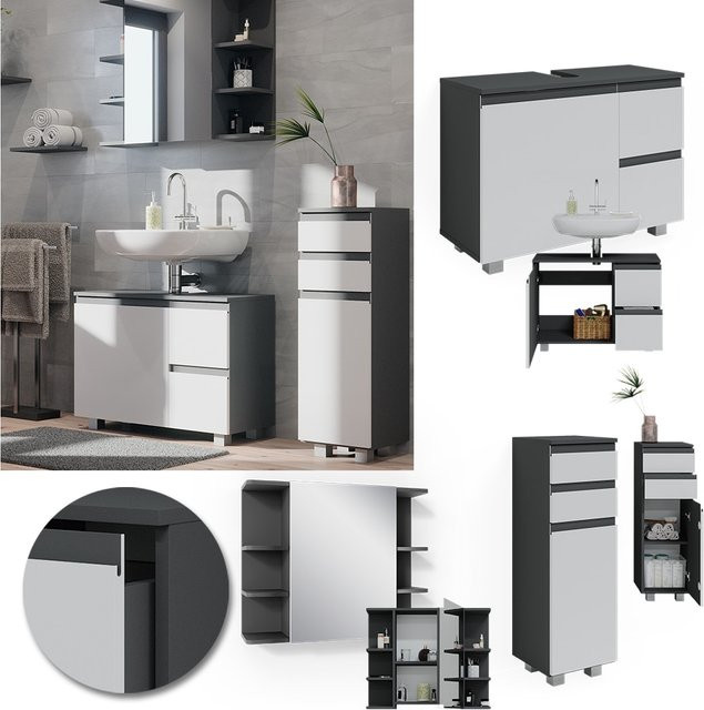 Vicco Badmöbelset J-Shape in Weiß und Anthrazit, modernes 3-teiliges Badezimmer-Set mit Spiegelschrank, Waschtischunterschrank und Midischrank - Bild 1