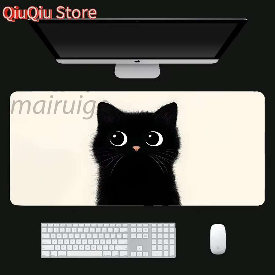 Potdemiel XXL Mauspad im schwarzen Katzen-Design, rutschfeste Schreibtischunterlage mit genähten Kanten in Schwarz und Multicolour - Bild 3