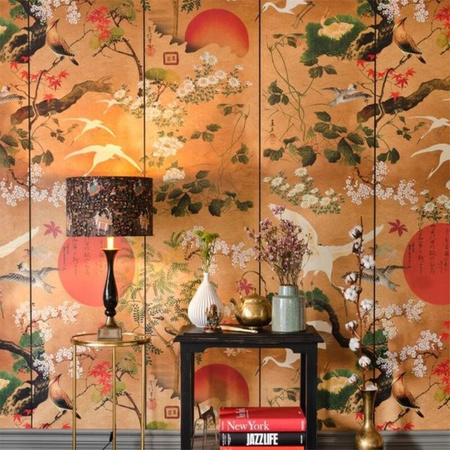 Japanische 3D-Wandtapete mit fliegenden Vögeln im klassischen chinesischen Stil, Mehrfarbig