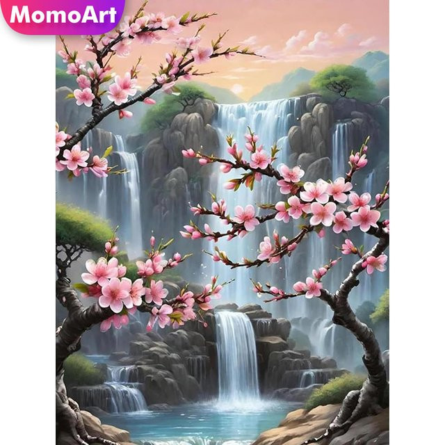 Momoart Diamantmalerei Wasserfall-Landschaft mit Kirschblüten als Mosaik-Strass-Bild in Mehrfarbig, B/H: 30 x 20 cm - Bild 1