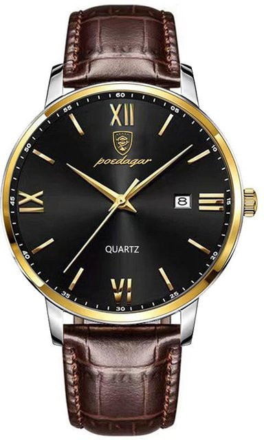 POEDAGAR Armbanduhr, Quarz, Leder, Schwarz, 42 mm, Herren - Bild 1