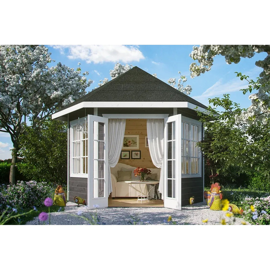 Skan Holz Gartenhaus Almelo aus Fichten-Blockbohlen in Schiefergrau B/H/T: 420 x 354 x 303 cm - Bild 2