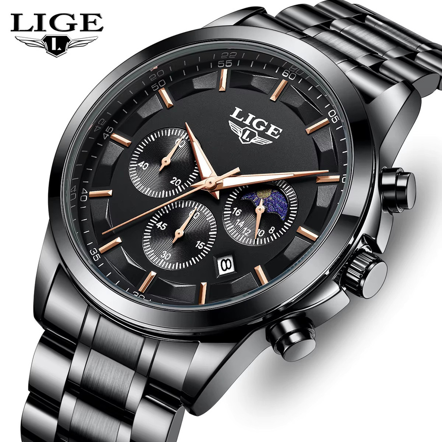 LIGE Armbanduhr Chronograph, Quarz, Edelstahl, Schwarz, Herren - Bild 2