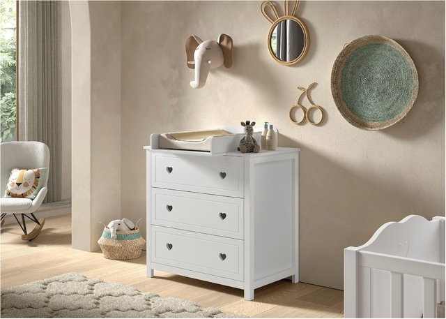 AMORI 2-tlg Set für das Babyzimmer bestehend aus einer weiß lackierten Kommode mit 3 Schubladen und einem Wickelaufsatz - Bild 1