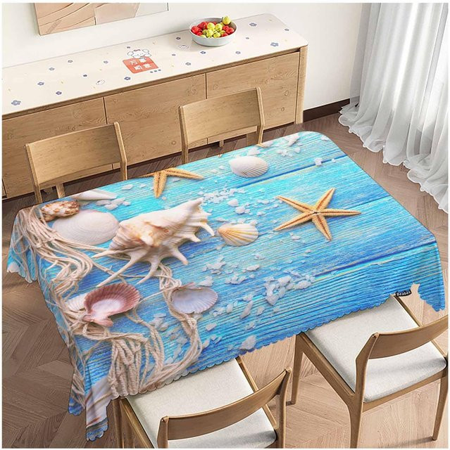 Wasserdichte Tischdecke von JMG Household Supplies mit Sommer Seestern und Muschel Motiv in Blau, Rechteckig, B: 140 cm, T: 240 cm - Bild 1