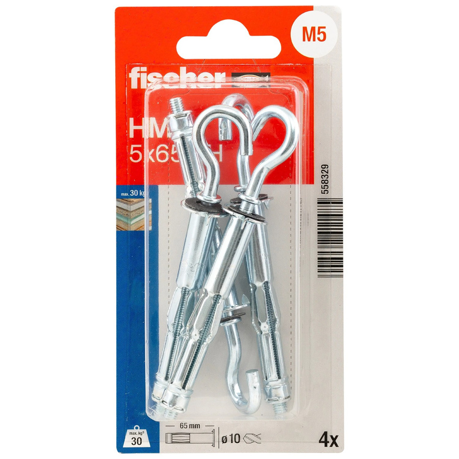 Fischer Hohlraum-Metalldübel HM SK mit Rundhaken aus Stahl in Silber, Durchmesser: 5 mm, Länge: 65 mm, 4 Stück - Bild 2