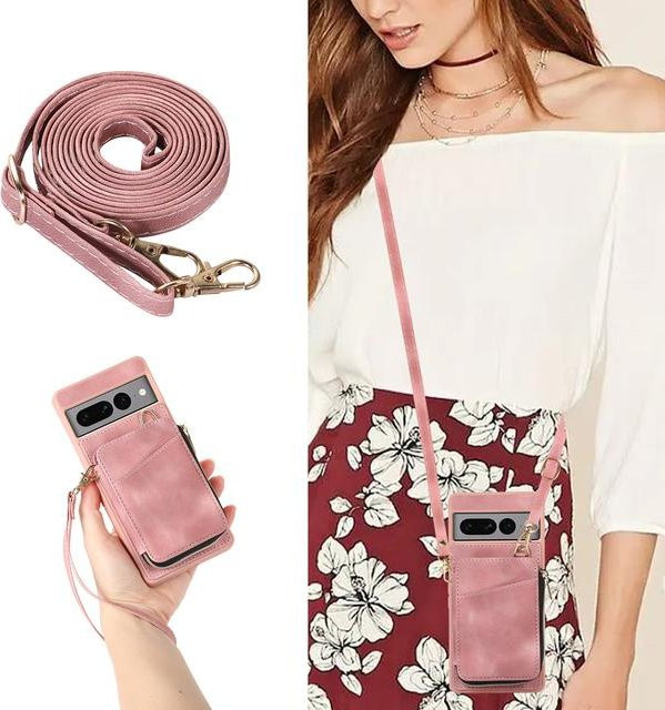 Leder Umhängetasche in Rosa mit Geldbörse und Handyhülle für Google Pixel 7 Pro, 7A und 6A - Bild 1