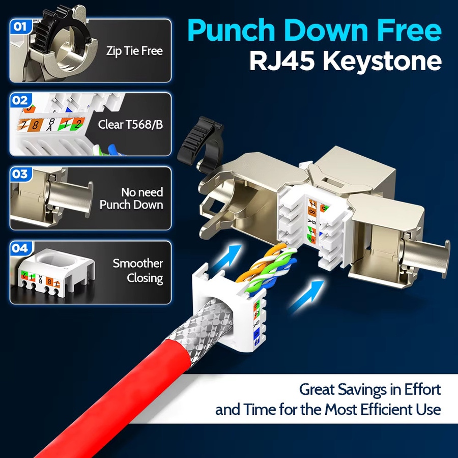 AMPCOM RJ45 STP Keystone Steckverbinder aus Zinklegierung mit Ratschenverschluss, werkzeuglose Montage, 50U vergoldet, kompatibel mit Cat8/7A/7/6A/6 - Bild 4