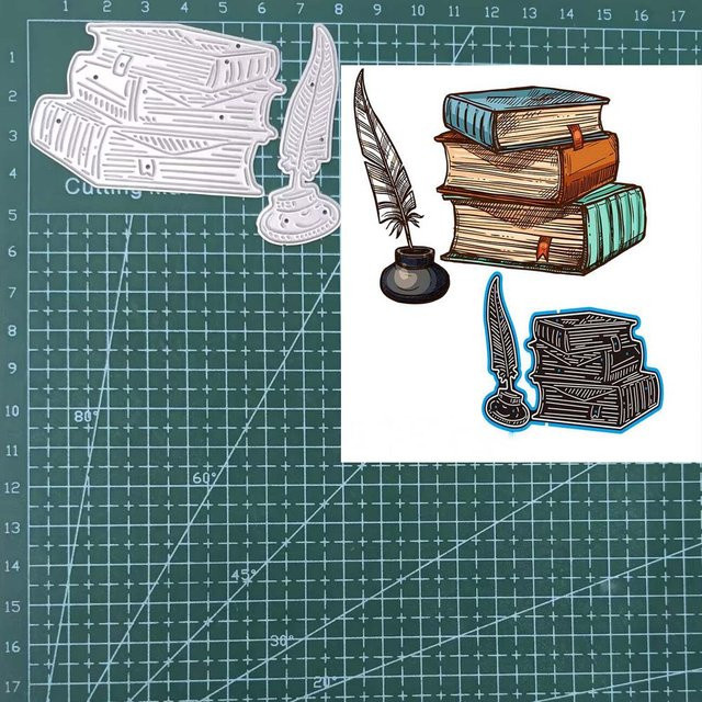 Metall-Stanzformen für Scrapbooking und Papierhandwerk mit Federstift und Büchern, Multicolour - Bild 1