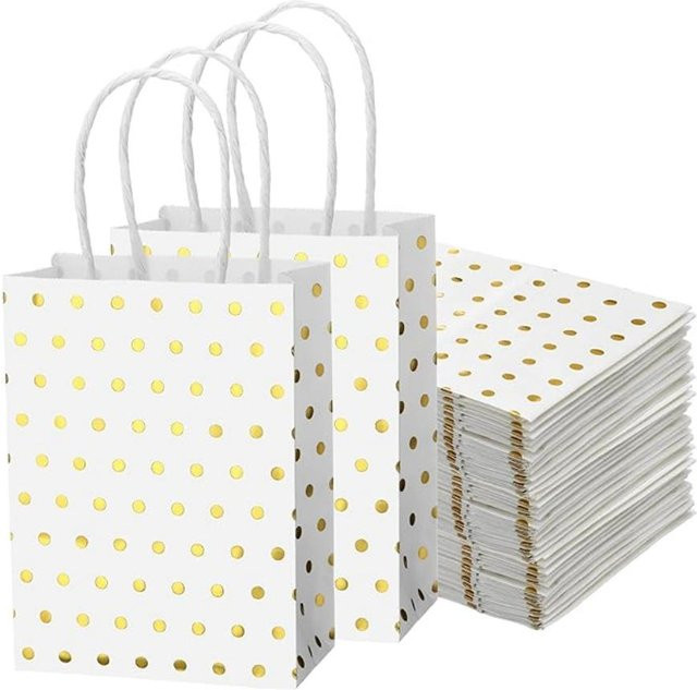 12 Stück Mini-Geschenktüten mit Griffen in Weiß und Gold, kleine Papier-Geschenktüten mit Tupfen-Design für Gastgeschenke und Hochzeitsfeiern - Bild 1